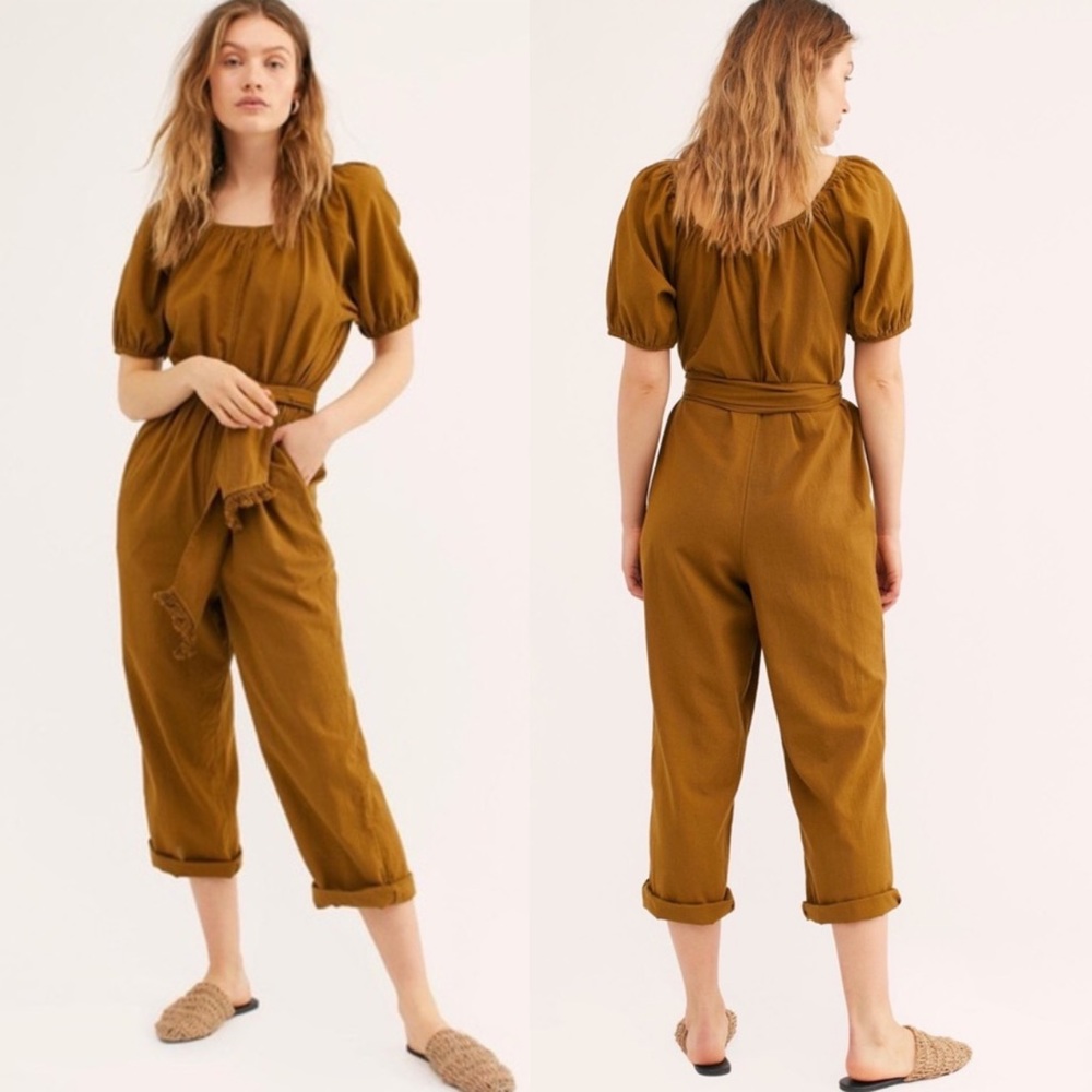 Free People Nalani Khaki Linen Blend Jumpsuit